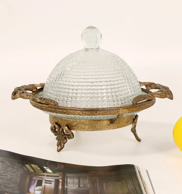 

brass glass dim sum dust-proof display plate model room household dining table fruit plate storage decorative ornament