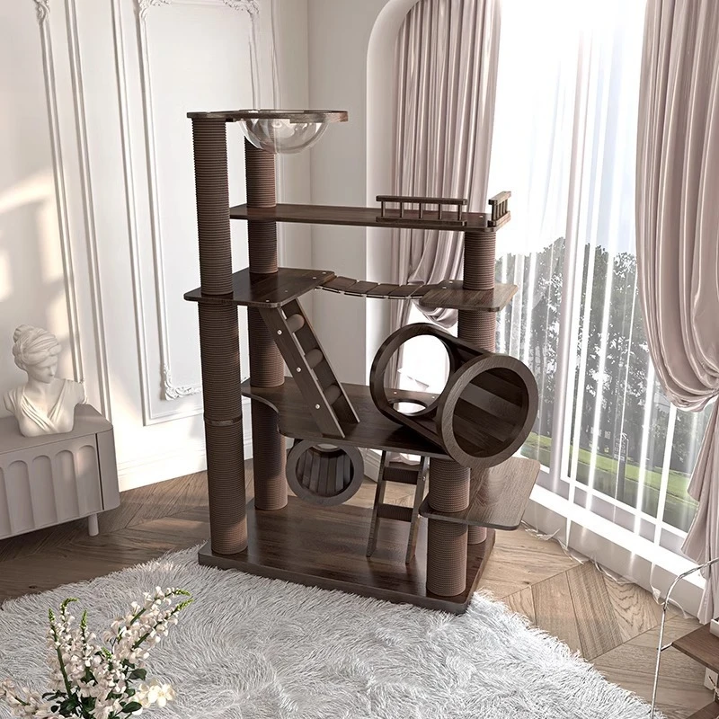 

Large solid wood cat climbing frame nest tree integrated cat castle lacquered black walnut color