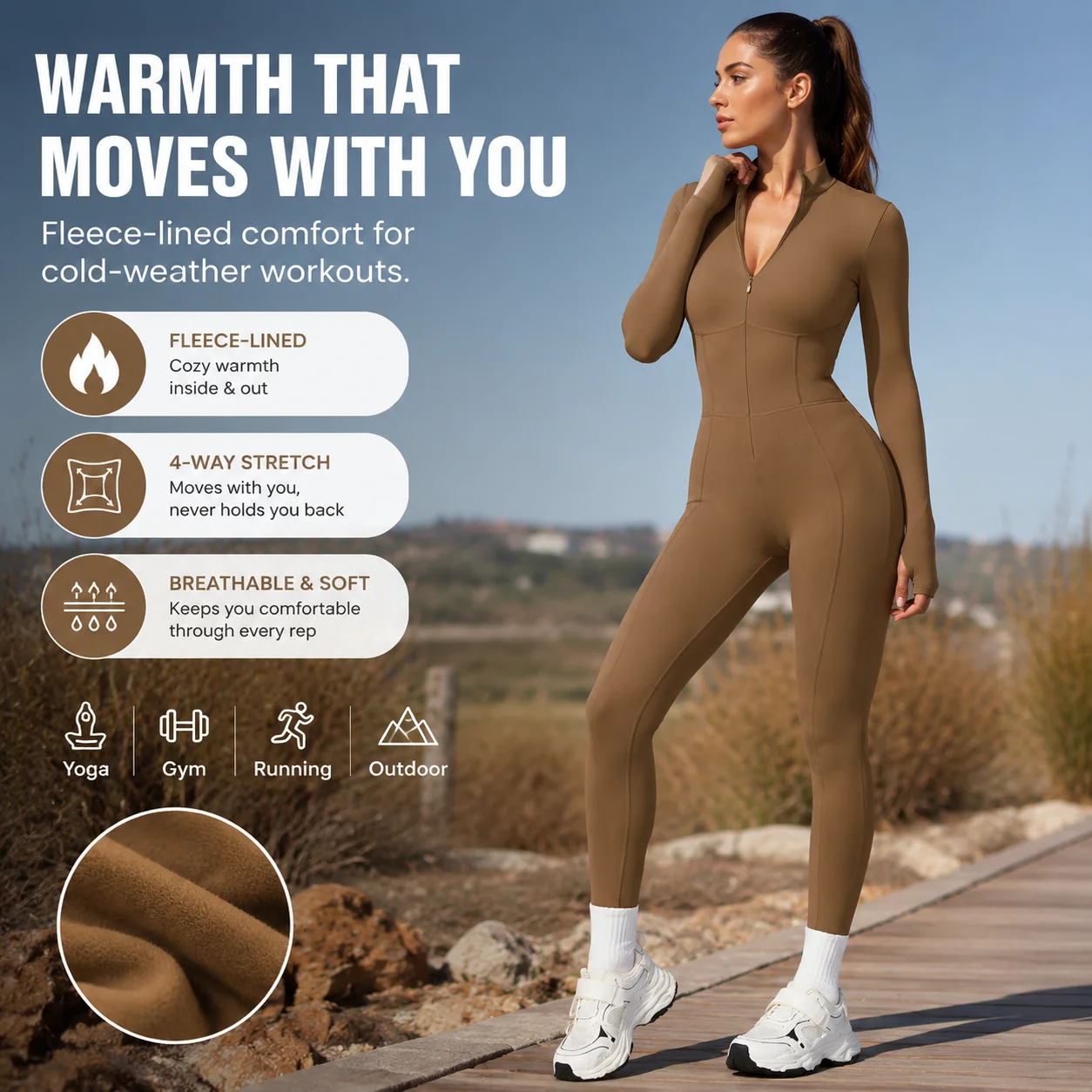 Women's Fleece-Lined Half-Zip Long Sleeve Jumpsuit - Thumbhole Contour Seam Winter Yoga Bodysuit, Multiple Colors, S-XL