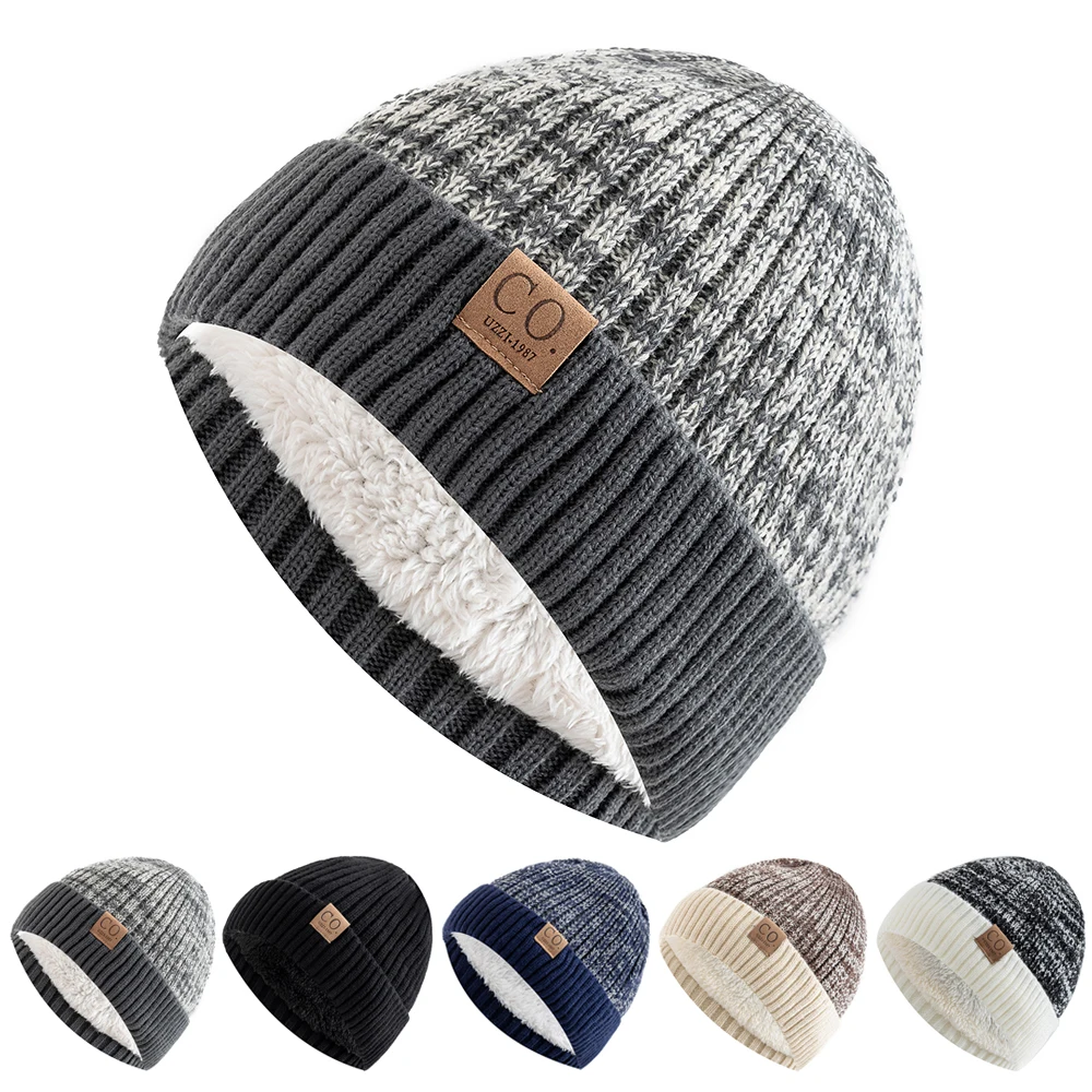 

Fashion New Unisex Two-Tone Winter Hats Add Fur Lined Men And Women Warm Beanie Cap Casual Winter Knitted Hats