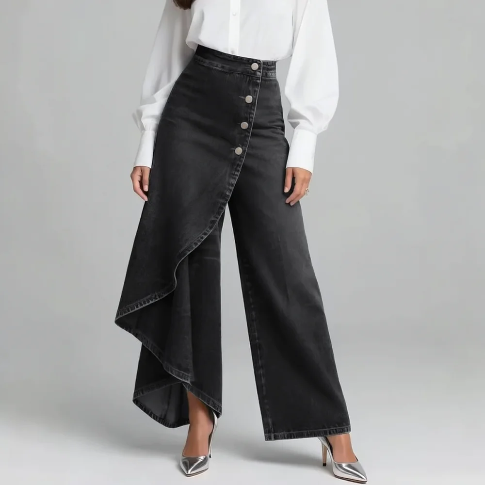Ladies Slim Fit Faux Jean Print Leggings Button Closure Trousers Trendy Streetwear Casual Fashion Pants Soft Fabric