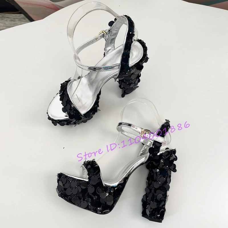 Summer New Women's Platform Sandals Bling Bling Sequin Silver 14CM High Heels Sexy Open Toe Buckle Runway Shoes Plus Size 43