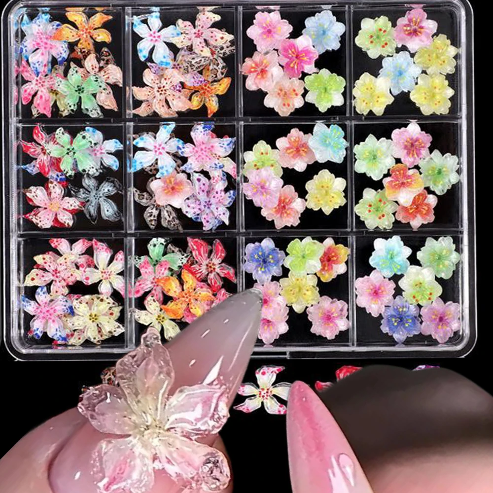 72Pcs/Box 3D Sakura Lily Soft Spotted Flowers Nail Charms Ice Crystal Gradient Leopard Print Flower Nail Rhinestone DIY Manicure