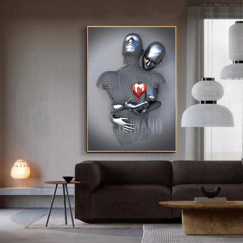 Abstract 3D Romantic Lover Metal Figure Statue Canvas Painting Posters Prints Wall Art Picture For Living Room Decor Home Decor