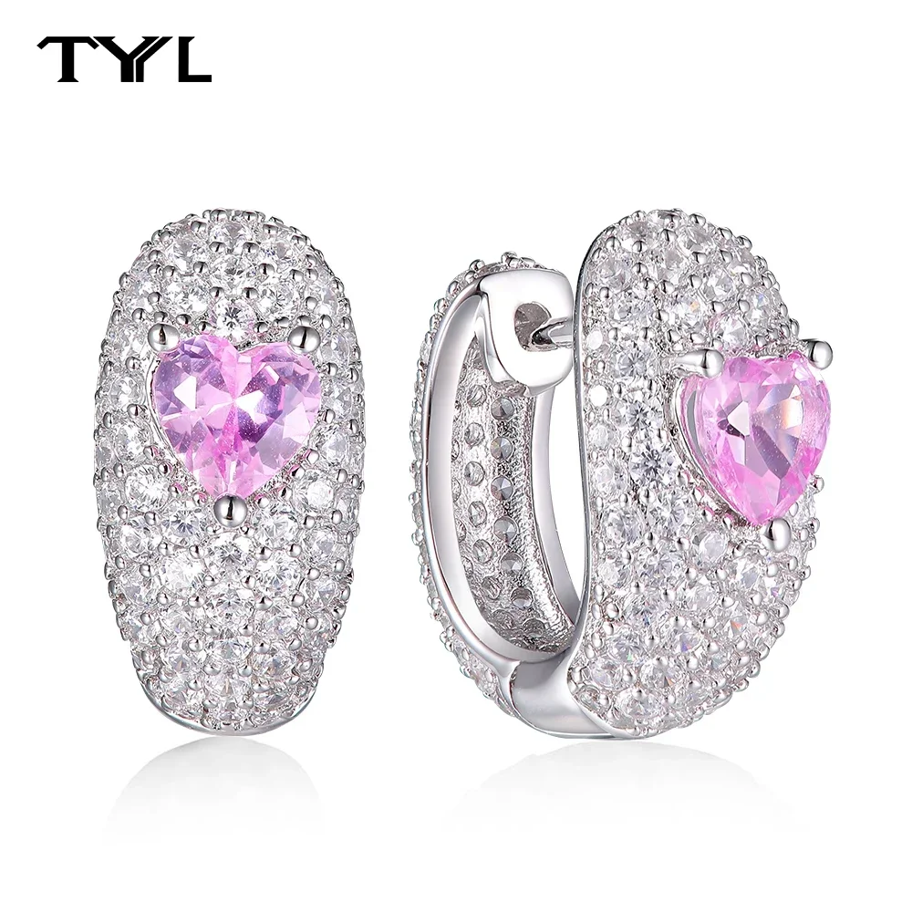 

TYYL Hoop Earrings 925 Silver Needle Sparkling Pink Heart Gemstone Full Stones Ear Studs For Women Girls Wedding Jewelry Gift