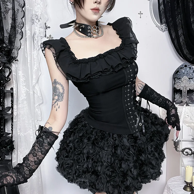 

[You're My Secret] Готический комплект с открытыми плечами: топ и юбка в стиле панк, Y2K, черный топ, мини-юбка, летняя женская одежда 2026