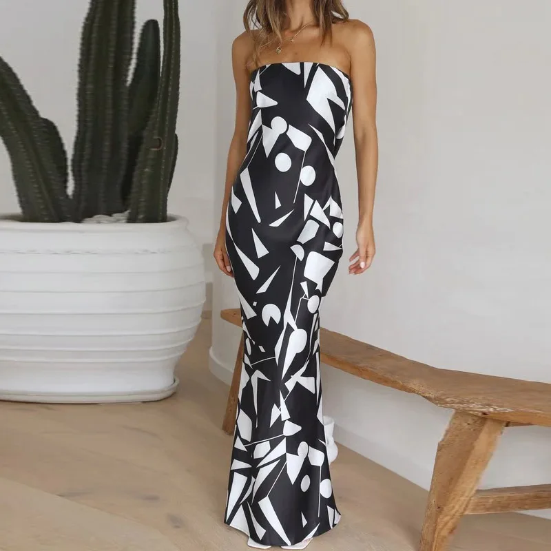 

2023 Fashion Graphic Print Backless Hollow Party Dress Elegant Women Summer Long Dress Sexy One Shoulder Bodycon Beach Dresses