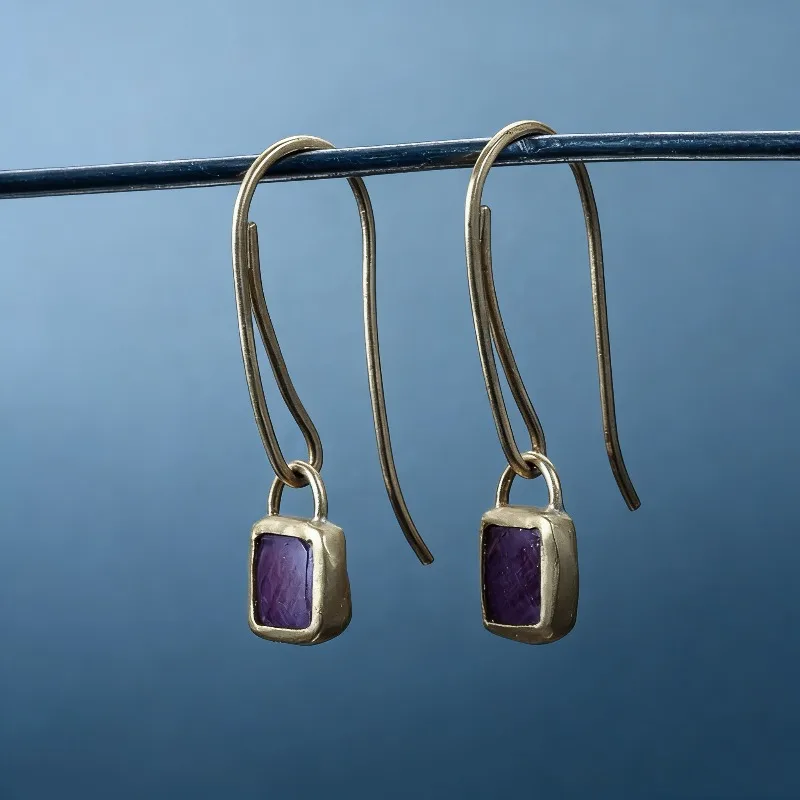 Ethnic Square Purple Stone Hook Earrings Vintage Jewelry Gold Color Metal Geometry Long Dangle Earrings for Women