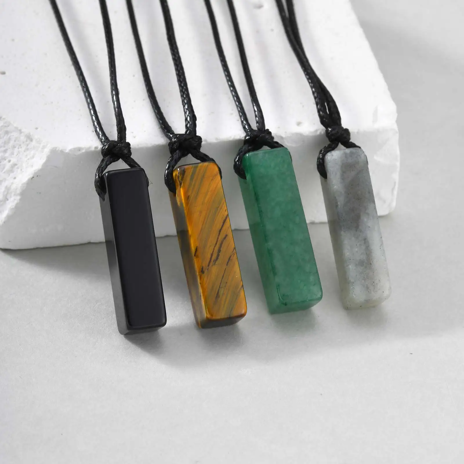 Retro Tigerauge Naturstein Anhänger Halskette für Männer, verstellbarer langer Wachsseil grüner Stein quadratischer Anhänger, Modeschmuck – Detail 5