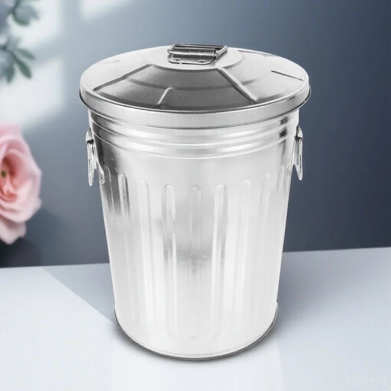 

Metal Outdoor Trash Can with Lid Round Design for Home Kitchen Dorm Room Garbage Bin Rust Resistant Wastebasket