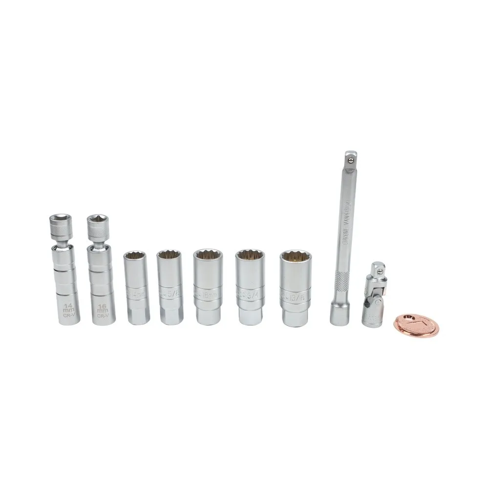 10pc 3/8 Inch Drive Spark Socket Set with Magnetic Swivel Function and 10 Inch Extension Bar for Vehicle for service