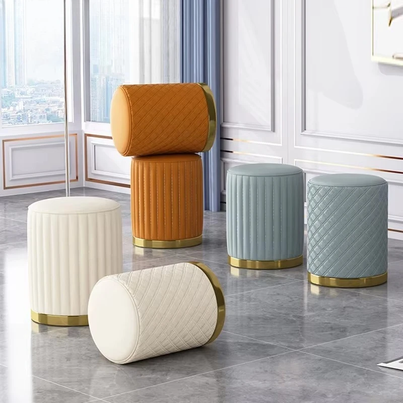 Nordic Decorative Upholstered Leather Luxury Blue Beauty Small Round Modern Chairs Stools