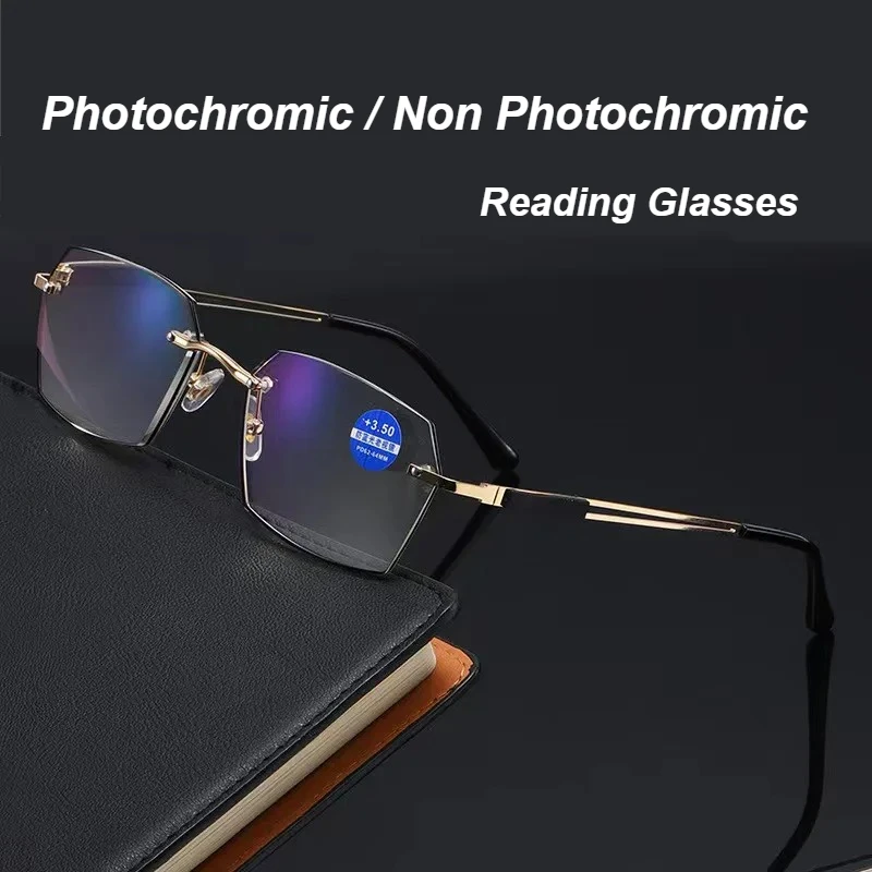 Lunettes de lecture photochromiques/Anti lumière bleue, ultra légères, sans cadre, pour personnes âgées, avec bords coupés