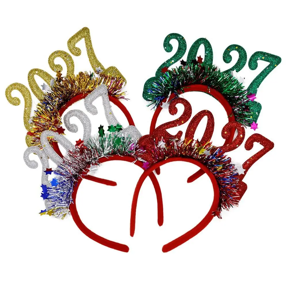 Adjustable Size 2027 Christmas Headband Light-Up Function Plastic Frame Party Hair Hoop Flexible Design Glitter Sequined