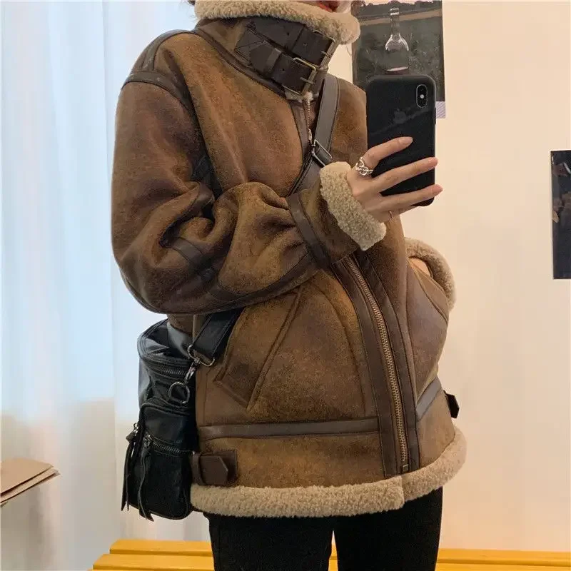 Women's Lamb Wool Coat, Loose and Thick, Korean Version of Fur, One Motorcycle Jacket, Leather, Simple, Autumn, Winter, New,