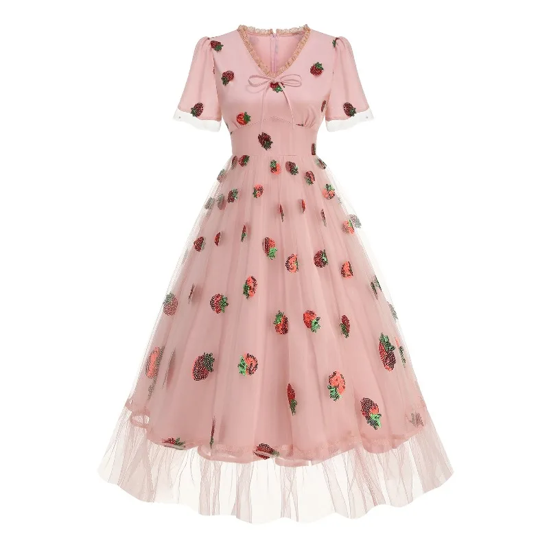 2023年新作 ヘップバーン風 ストロベリー スパンコール メッシュ ロングドレス レディース レース縁 Vネック ハイウエスト レトロ イブニングパーティー プロム エレガントドレス