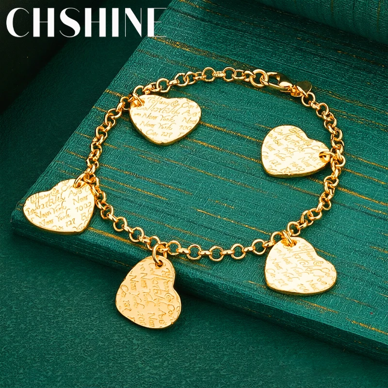 925 Sterling Silver 18K Gold  Engraved Heart Tag Charm Bracelet Elegant Fashion Jewelry for Women Wedding Party Gift