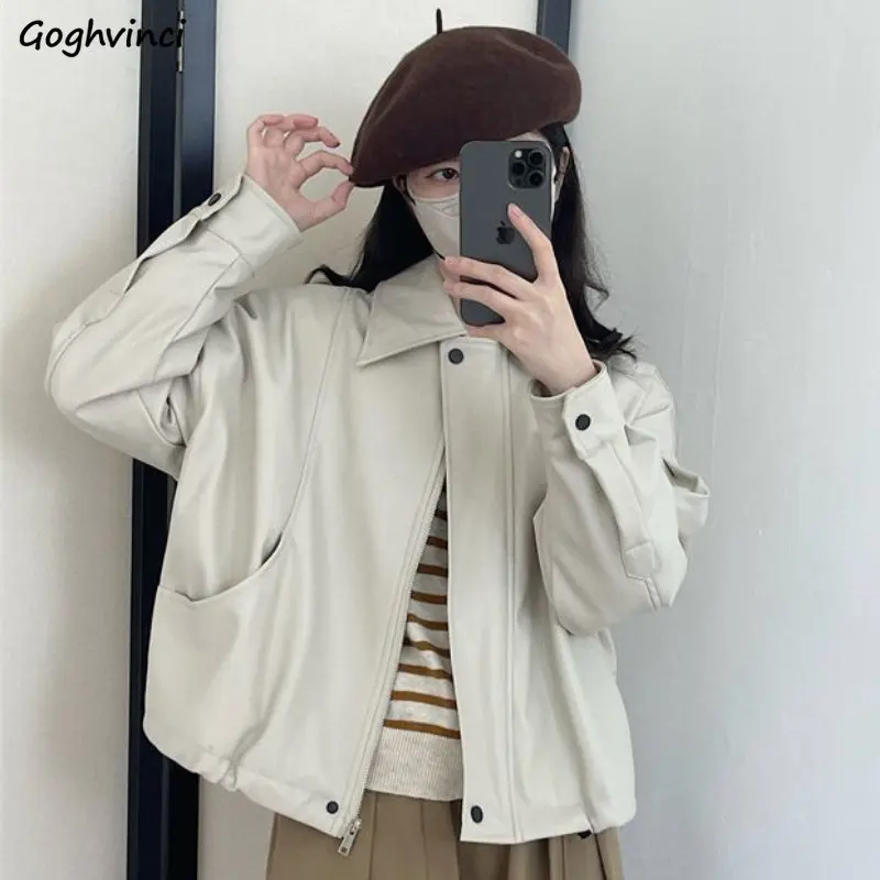 

PU Jackets Women Vintage Casual Loose Chic Outwear Basic Spring Korean Style Fashion Moto All-match Ins Streetwear Clothes Solid