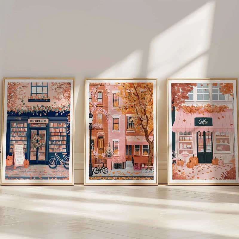 Decoración artística de pared de otoño de 3 piezas, póster de café, arte de pared rosa, librería de otoño, cartel de ciudad de decoración de otoño, núcleo de cabaña, arte de pared de calabaza