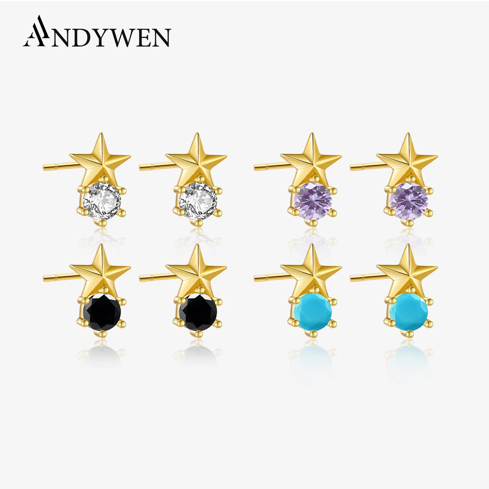 ANDYWEN 925 Sterling Silver Gold Zircon Star Stud Earring Piercing Ohrringe Pendiente Luxury Fashion Crystal Jewelry For Women