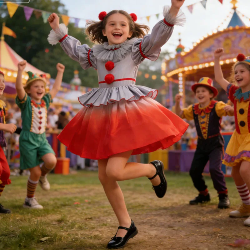 

Костюм на Хэллоуин для девочек, страшный Джокер, карнавальный костюм для детей, карнавальный костюм из фильма ужасов, ролевая игра, платье принцессы клоуна с длинными рукавами