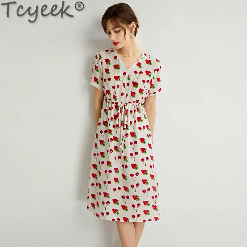 Tcyeek 100% Mulberry Silk Dress Womens Dresses Summer Clothes Elegant Dresses for Women Fashion Print Dress V-neck 2024 원피스