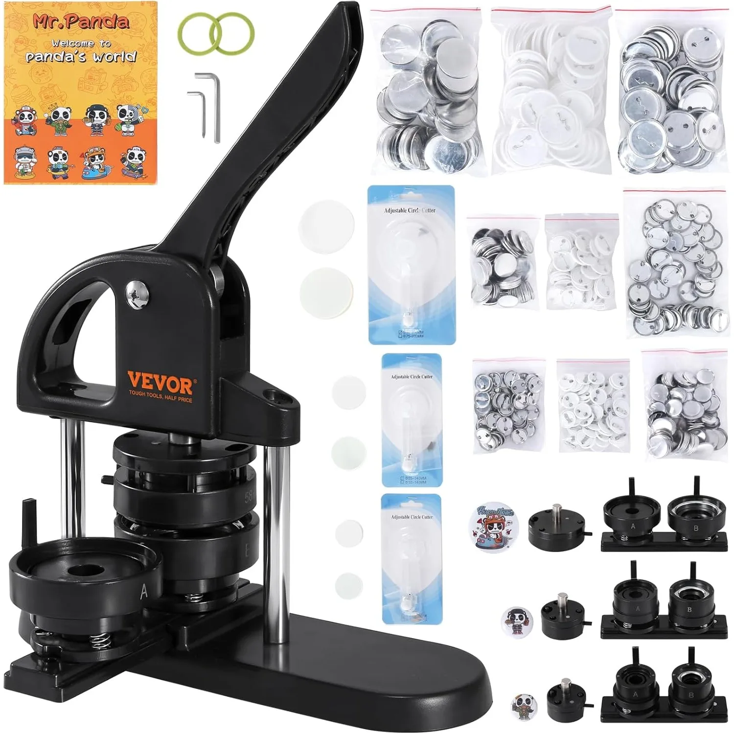 VEVOR Button Maker, 1/1.25/2.28 inch(25/32/58mm) 3-in-1 Pin Maker with 300pcs Button Parts, Ergonomic Arc Handle Punch Press Kit