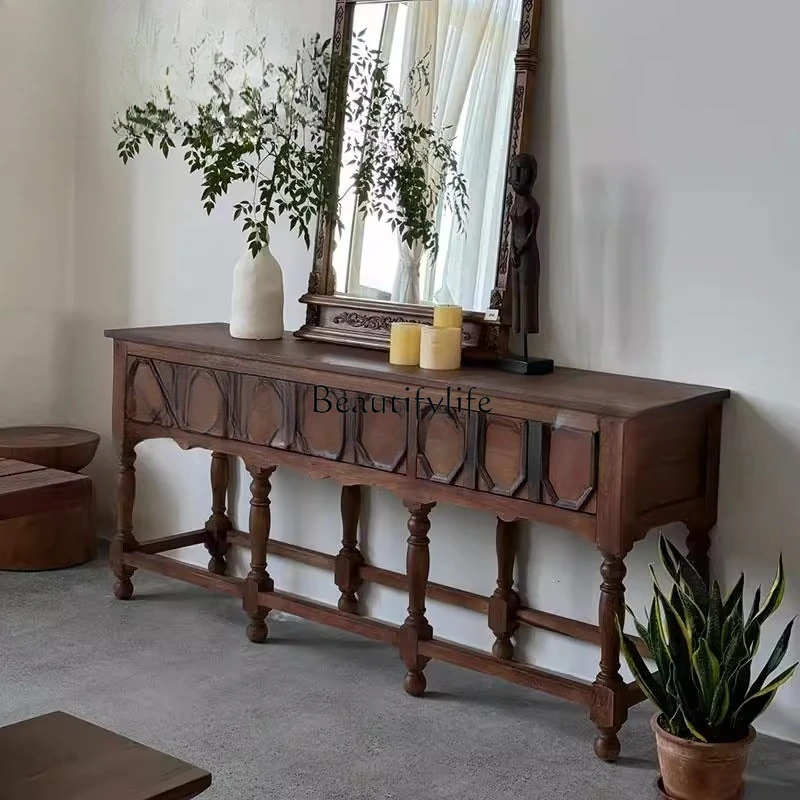 

French light luxury solid wood carving flower old entrance cabinet European retro foyer decorative cabinet