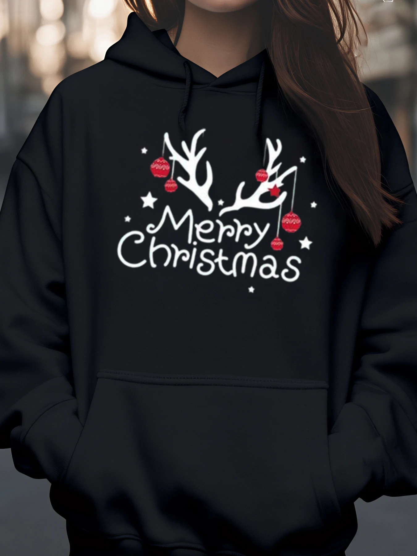 

Толстовка с капюшоном с рогами оленя и рождественским принтом, праздничная повседневная одежда для женщин