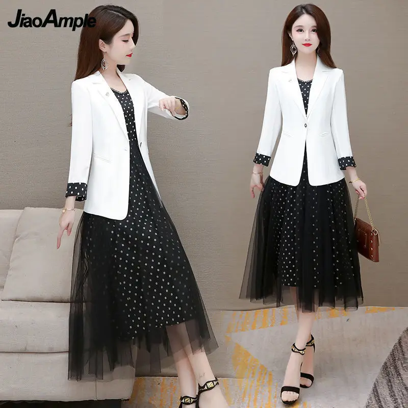 2024 Spring Long-sleeved Suit Polka Dot Mesh Skirt Suit Women's Casual Blazers Black Dress 2 Piece Korean Elegant Business Wear