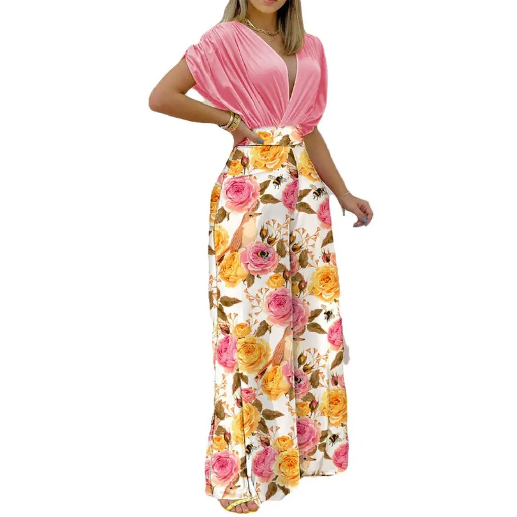 

Женский комплект из двух предметов весна-лето в европейском и американском стиле с топом с рукавами «летучая мышь» и широкими брюками с принтом