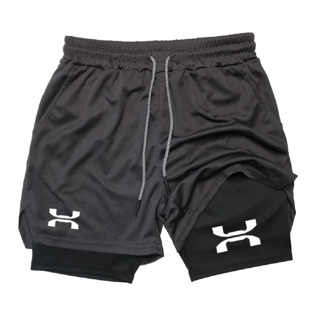 Shorts masculinos de compressão de deck duplo, shorts de corrida, calças curtas para jogging, calças esportivas, ginástica, fitness, treinamento esportivo, 2 em 1