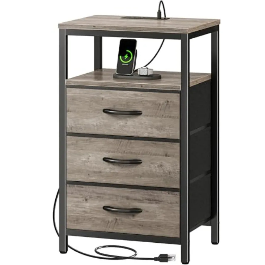

Nightstand with Charging Station 27.6 Inch End Table Bedside Table with USB Ports and Outlets Night Stand for Bedroom Fabric Dr