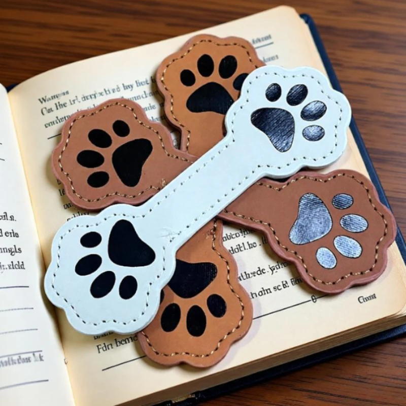 Marcapáginas magnéticos de cuero PU con pata de perro, 3 uds., cuero PU blanco, marrón y tostado con diseño de pata en relieve, perfecto para amantes de los libros