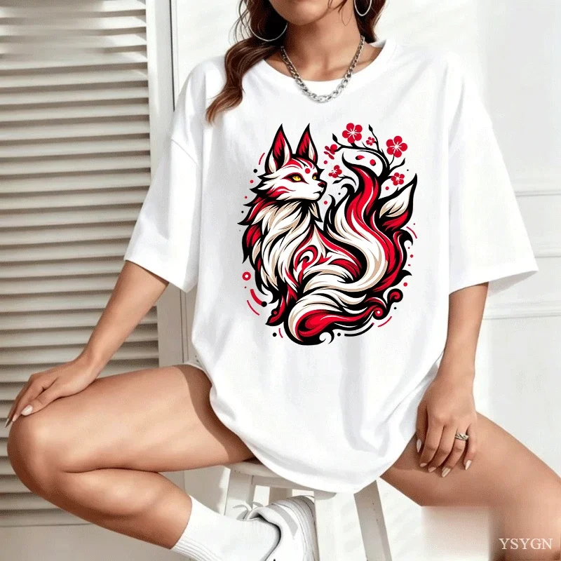 Women T Shirt Nine Tailed Fox Flower Print Tee Art Short Sleeve Crew Neck Loose Casual Ladies Tshirt Summer Daily Tops