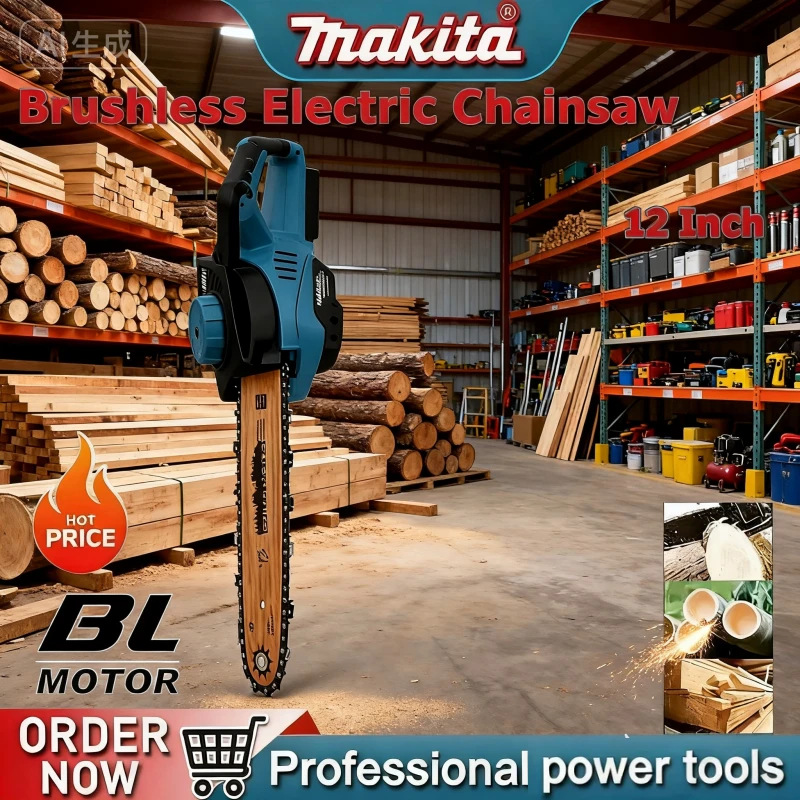 

Garden Tree Branch Cutting, Makita Brushless Electric Chain Saw 12Inch Power Digital Display Cordless Chainsaw.