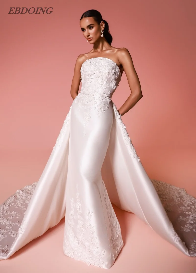 EBDOING Customized Wedding Dress Mermaid Satin 2 In 1 Boat Neck Neckline Sleeveless With Detachable Train Bride Gowns