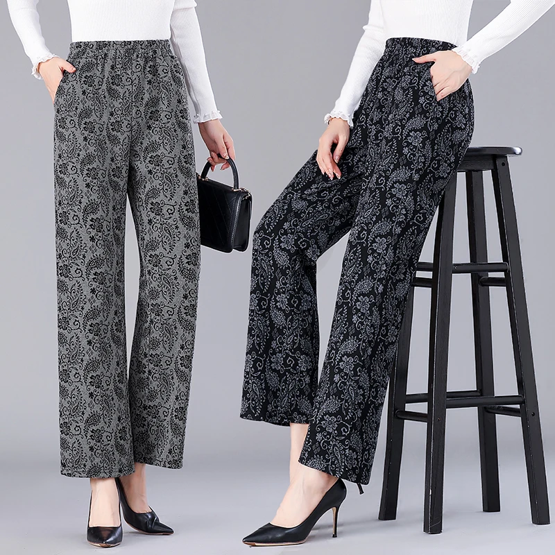 Calças de impressão femininas de outono cintura elástica calças de escritório casuais plus size