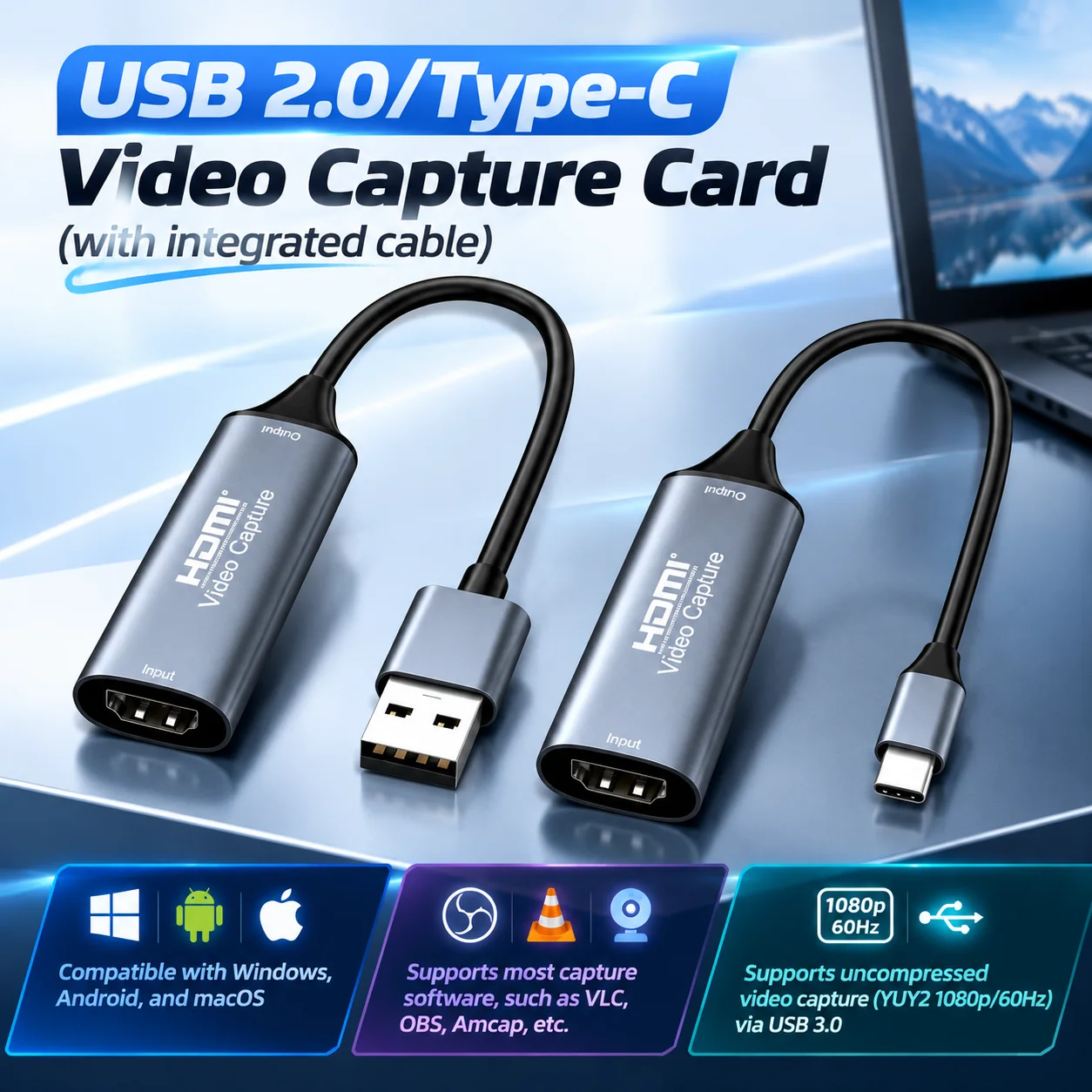 HDMI to USB2.0 Type-C Capture Card 4K@30Hz In 1080P@60Hz Out UVC UAC Game Live Stream & Video Record OBS Supported