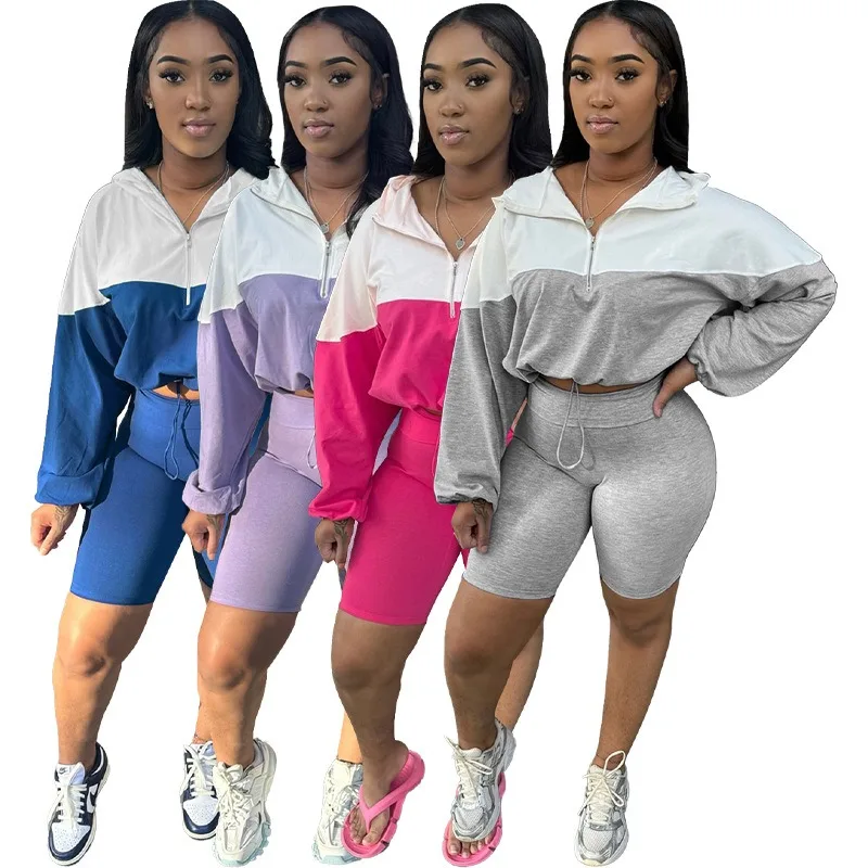 2024 Summer Patchwork Contrast Colors Casual 2 Piece Set Women Hooded Zipper Drawstring Crop Top Skinny Shorts Jogger Streetwear