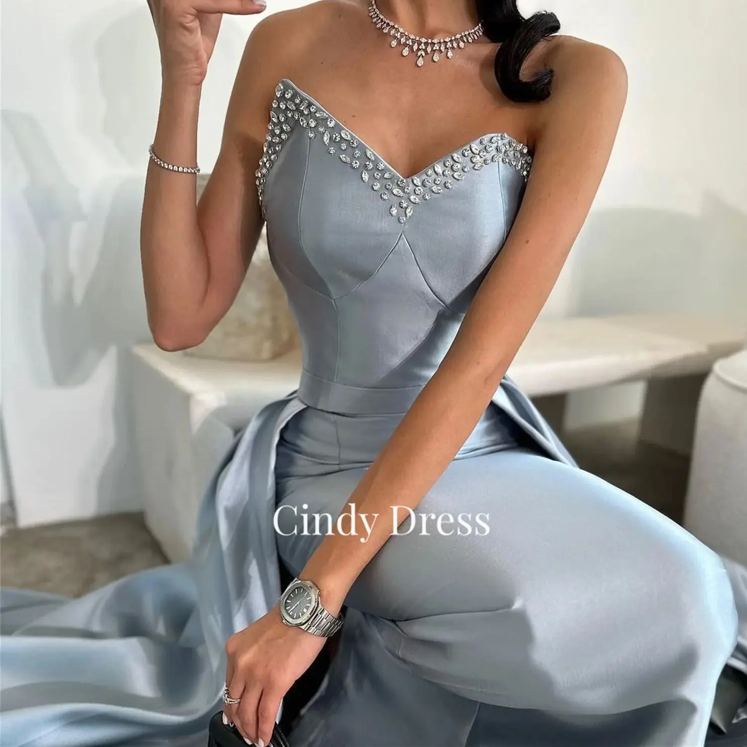 

Cindy Satin Mermaid Strapless Diamond Saudi Arabia Dress Party Evening Elegant Luxury Celebrity Dresses 2023 Women Long Gala