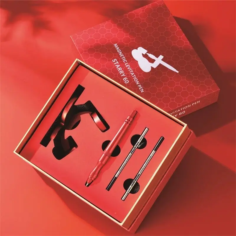 creative-red-black-aluminum-alloy-magnetic-levitation-signature-pen-business-office-not-fall-down-self-standing-personalized-box