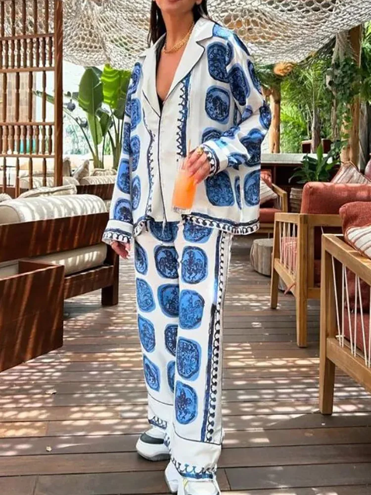 Women Long Sleeve Button Shirt And Wide Leg Pants Suits, Spring Summer Retro Print Turn Down Collar Matching Sets Ladies Outfits