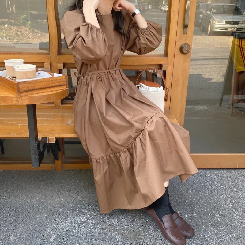 Feminino 2025 outono novo retro simples vestido de pescoço quadrado em camadas bolo saia rendas solta saia longa