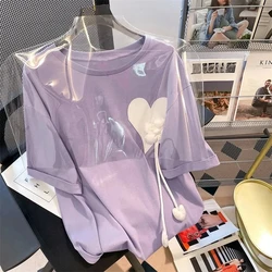 EBAIHUI 3D Love Purple T-Shirt Summer Loose T-Shirt a maniche corte da donna coreana girocollo allentato Versatile T-Shirt Casual Top