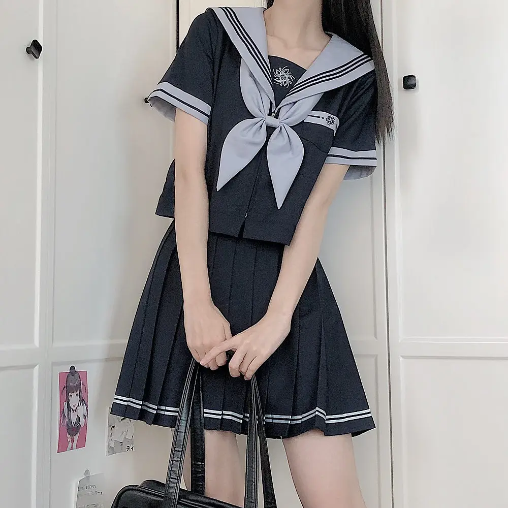 Basic Jk Three-Lines Navy Sailor Suits Japanese Schoolgirls Uniforms Graduation Clothes Pleated Skirt Women's Anime Cos Costumes