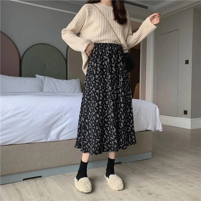 Vintage Floral Print A-line Pleated Long Skirts Summer Women 2023 Korean Skirt Streetwear Drawstring Elastic Waist Midi Skirt