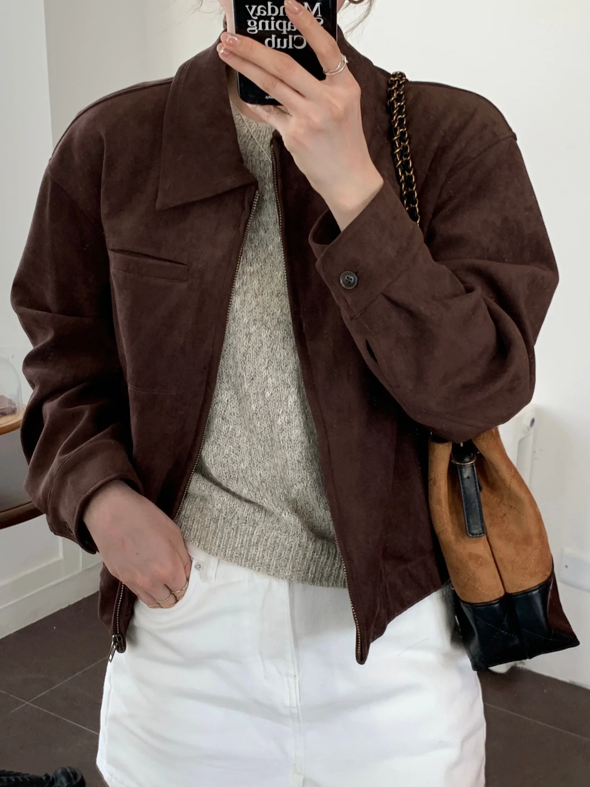 Retro Korean Style Women's Suede Jacket Loose Fit Outerwear Fashionable Cardigan Top Polyester Fiber Zipper Closure