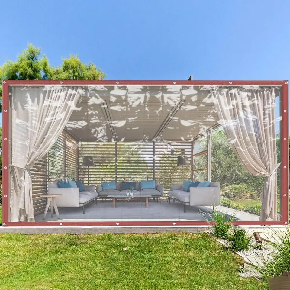 Mult-Size Commercial Durable Rainproof PVC Clear Awning Canopy Curtain Enclosure Patio Roll up Enclosure W/Brown Edge