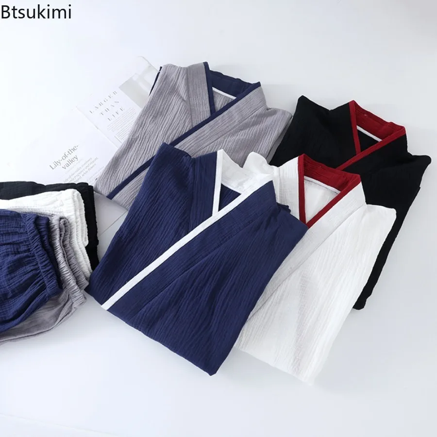 New 2026 Summer Men's Pure Cotton Pajamas Long Sleeved and Pants Two-piece Set Sleepwear for Men Solid Color Thin Home Clothing